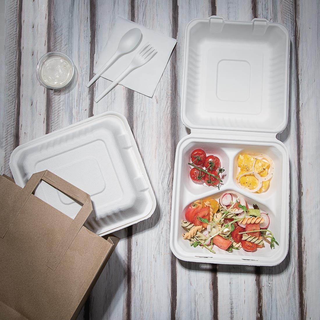 Fiesta Compostable composteerbare bagasse voedseldozen 3 compartimenten (200 stuks) - Afbeelding 5