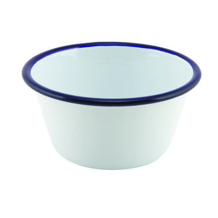 Emaille ovenschaal rond met blauwe rand 12 cm