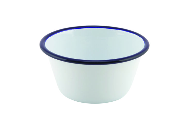 Emaille ovenschaal rond met blauwe rand 12 cm