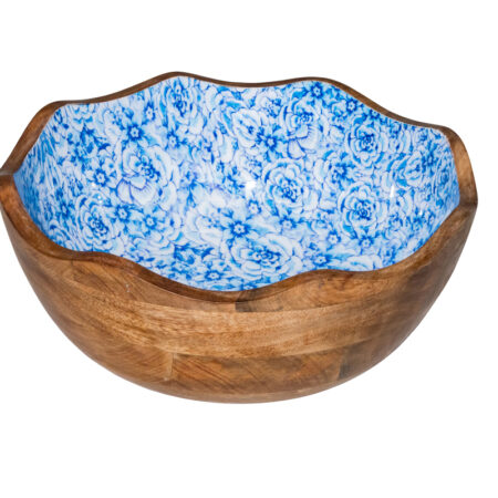 Houten kom blauwe bloem Ø30x11 cm