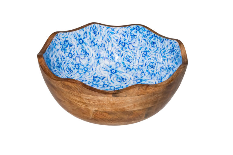 Houten kom blauwe bloem Ø30x11 cm