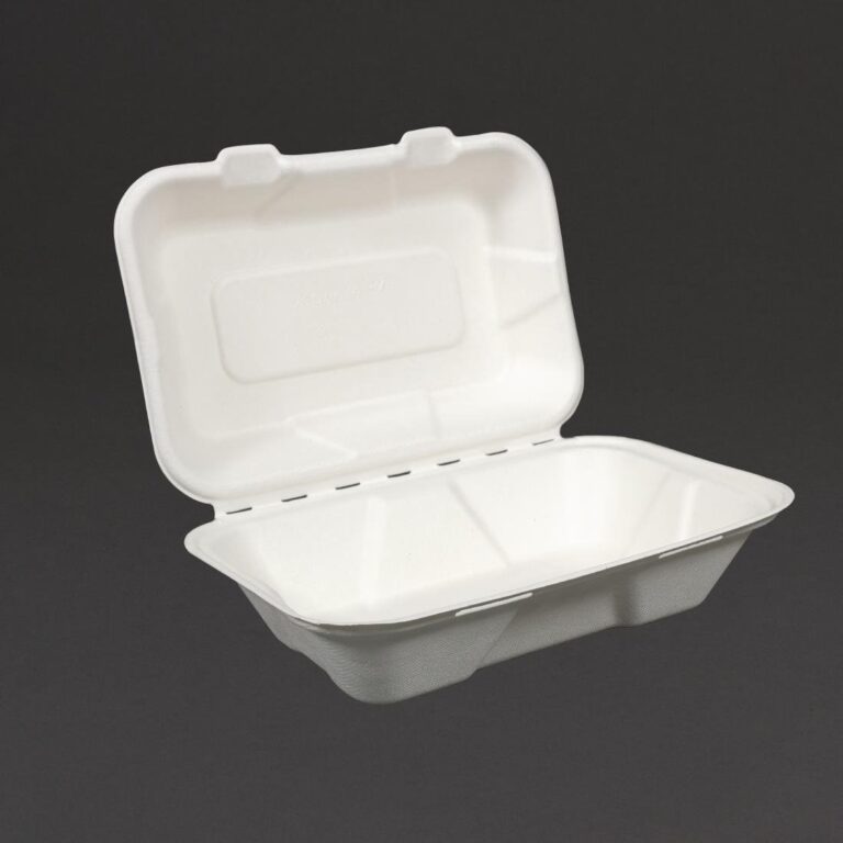 Vegware composteerbare bagasse voedseldozen met scharnierdeksel 22,8cm (200 stuks)