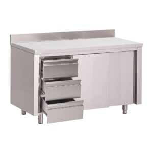 Gastro M werktafel met 3 laden links, schuifdeuren en achter