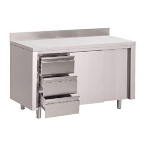 Gastro M werktafel met 3 laden links, schuifdeuren en achteropstand 85x100x70cm