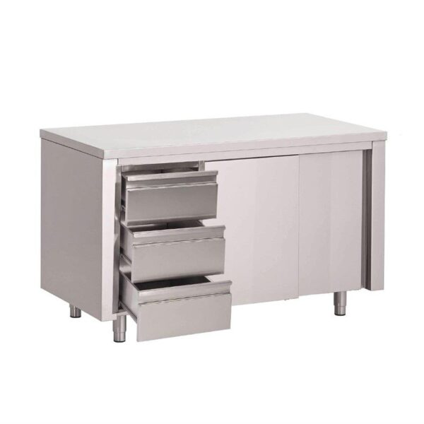 Gastro M RVS werktafel met schuifdeuren en 3 laden 85x150x70cm